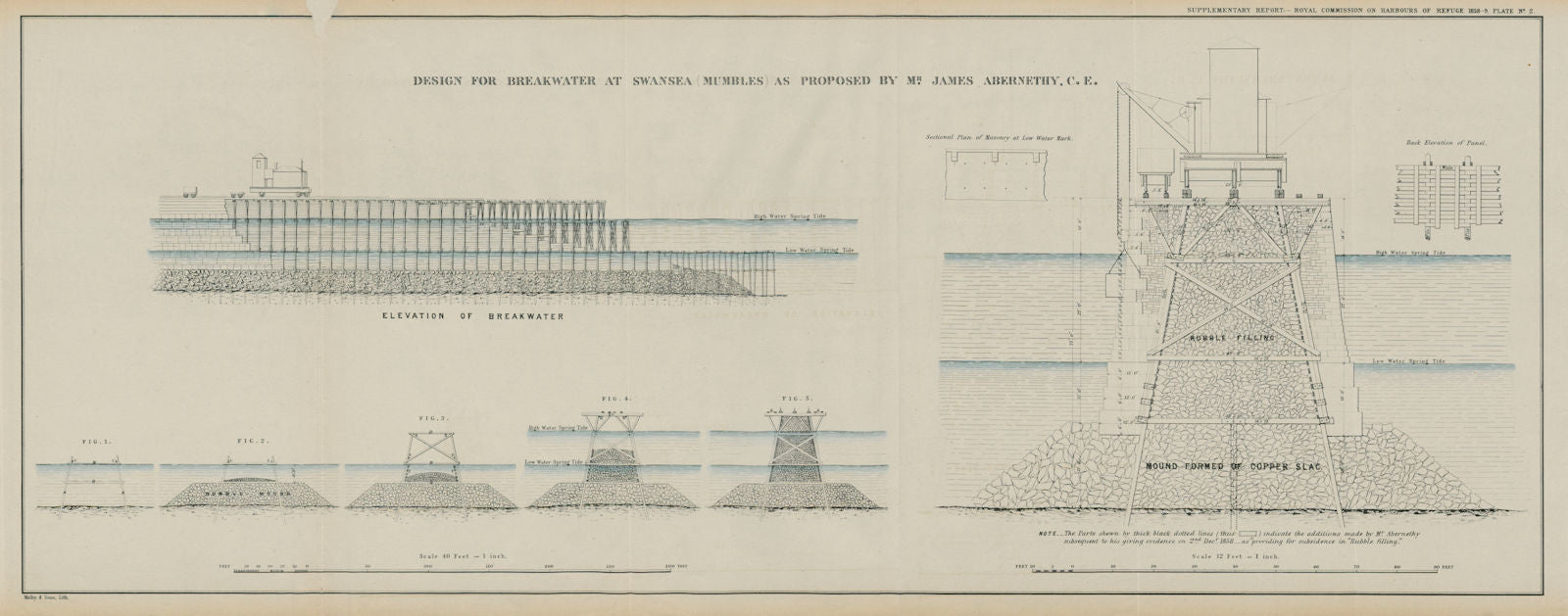 Swansea (Mumbles) breakwater design proposed by Mr James Abernethy 1859 print